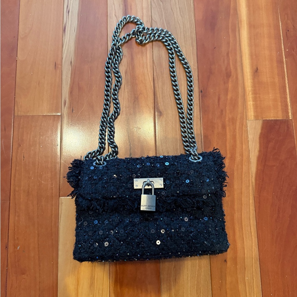 Kurt Geiger London Tweed Lock Fringe Sequins Flap Crossbody/Shoulder Bag - Picture 2 of 7